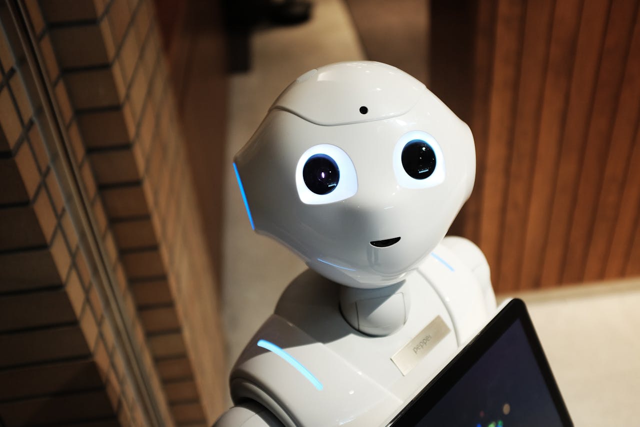 fitness-service-01 A futuristic humanoid robot in an indoor Tokyo setting, showcasing modern technology.